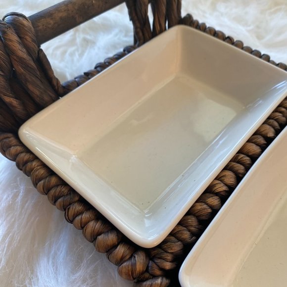 Brown Wicker Woven Condiments Serving Tray w/ 3 Fitted White Dishes NWOT - Picture 4 of 13